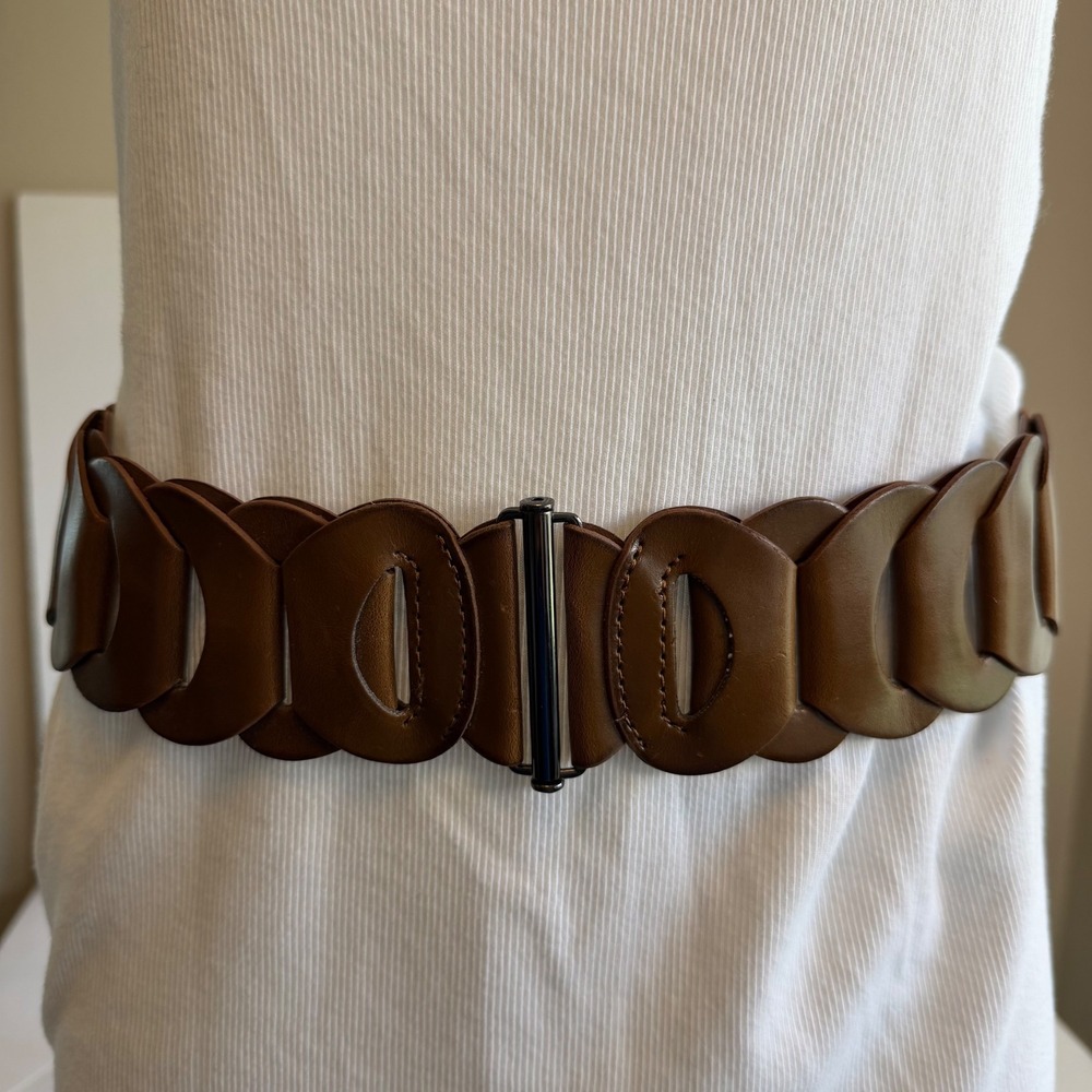 Womens‎ Wide Stretch Waist Belt Brown Scalloped Hook Closure S/M Layering